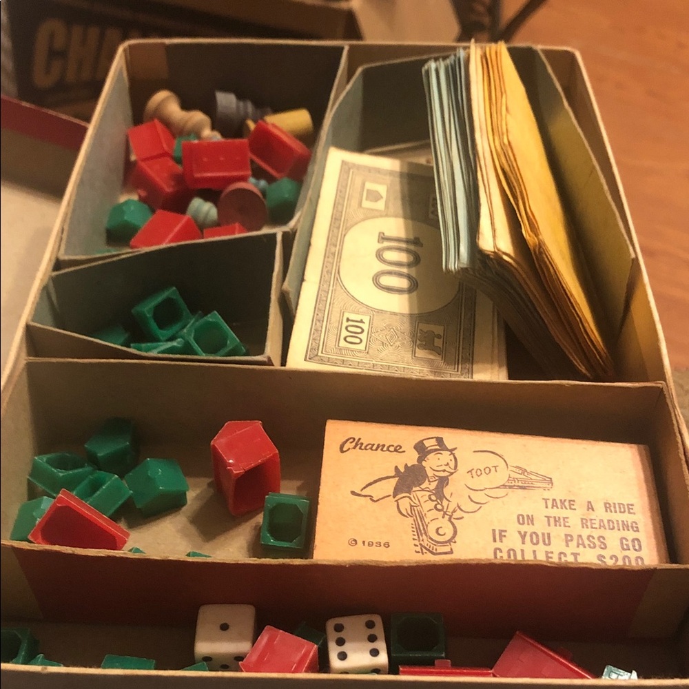 Monopoly Board Game with Red and Green Pieces1954 edition Fair condition